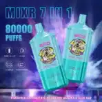 Colorful vape device with various flavors and features.