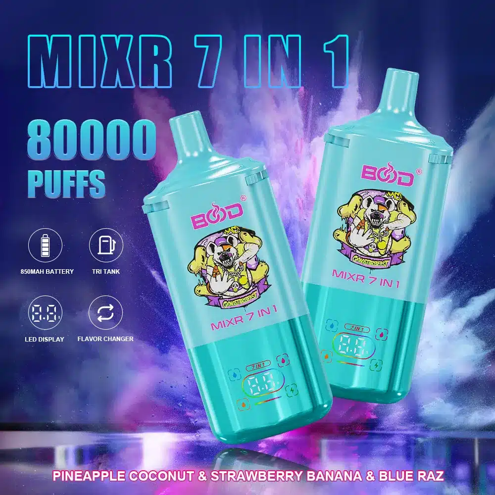 Pineapple-coconut-Strawberry-banana-Blue-raz Colorful vape device with various flavors and features.