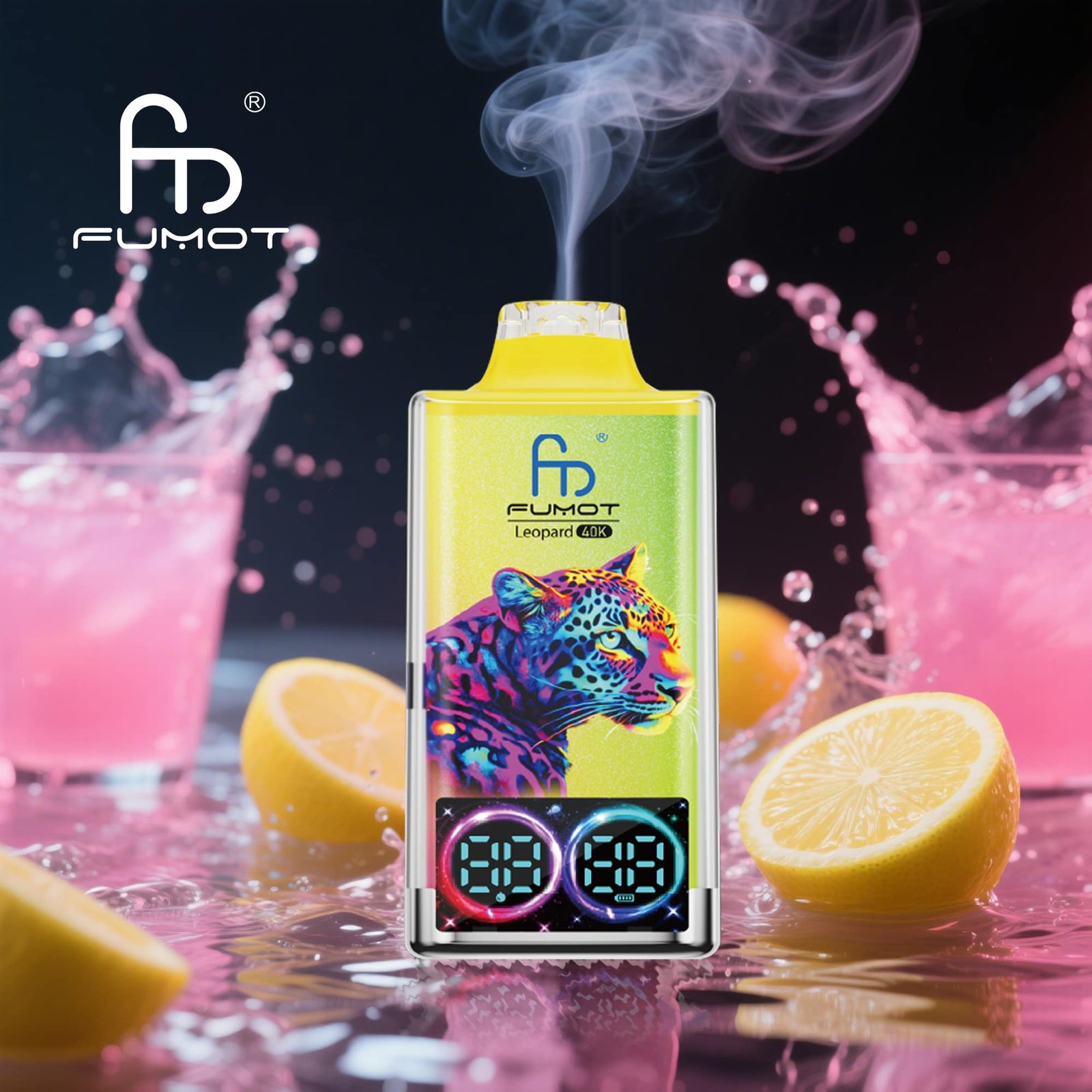 Pink-Lemonade-1.jpg Vape device with colorful leopard beside pink drinks.