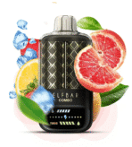 Vape device with fruits and ice background.