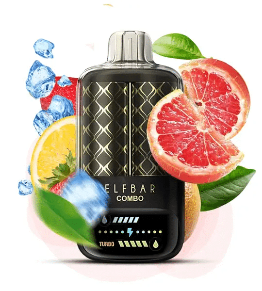Rosa Limonade & Grapefruit-Geschmack Elfbar Combo 25000 Vape device with fruits and ice background.