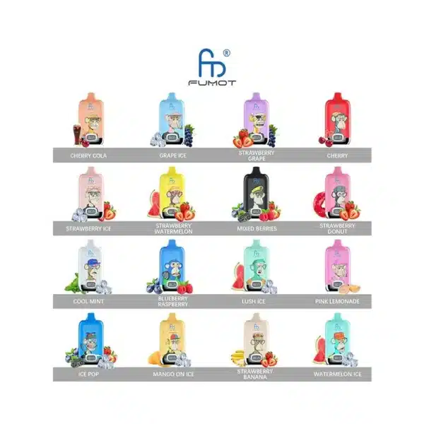 Fumot vape flavors display chart with thirteen options.