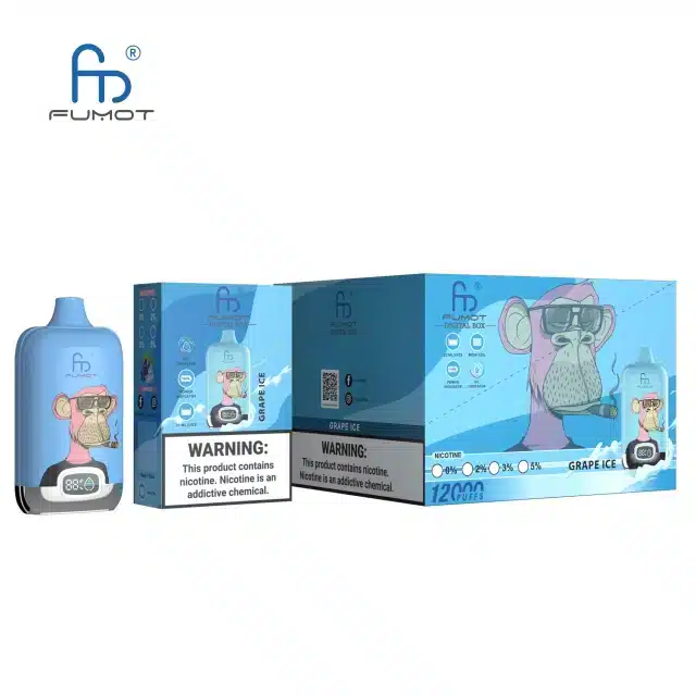 RANDM_DIGITAL_BOX_12000_puffs_14.webp Grape ice vape product packaging with warning label.