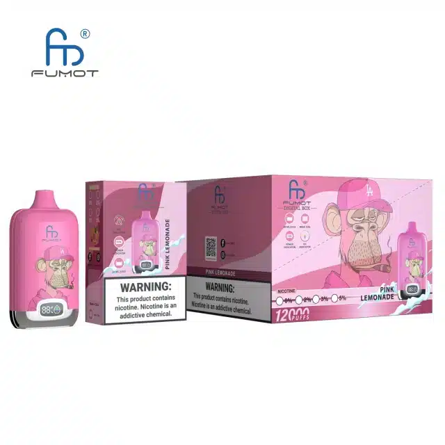 RANDM_DIGITAL_BOX_12000_puffs_15.webp Fumot pink lemonade vape box and packaging.