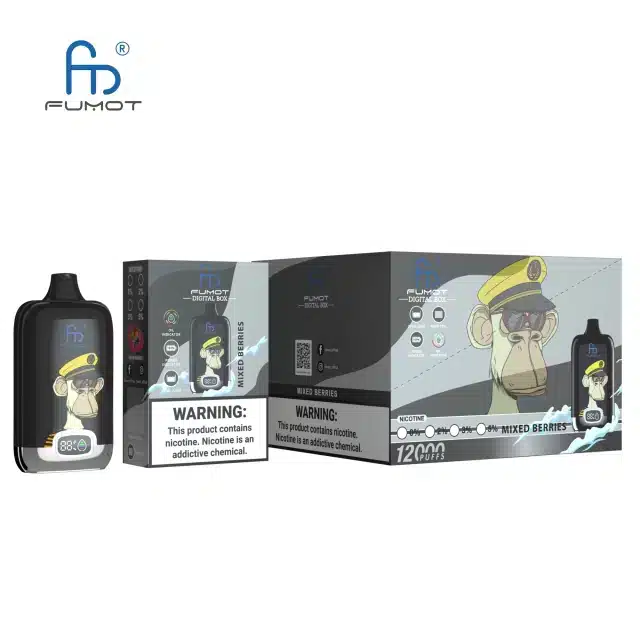 RANDM_DIGITAL_BOX_12000_puffs_16.webp Fumot vape packaging with nicotine warning label.
