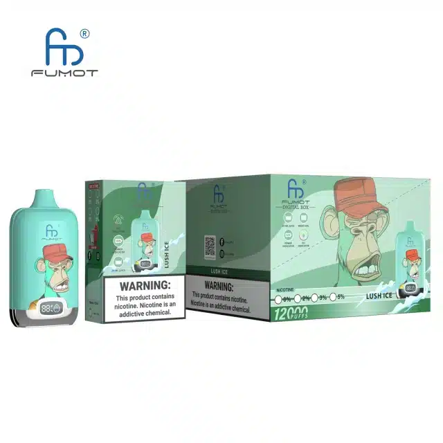 RANDM_DIGITAL_BOX_12000_puffs_18.webp Fumot vape box and device with warning label.