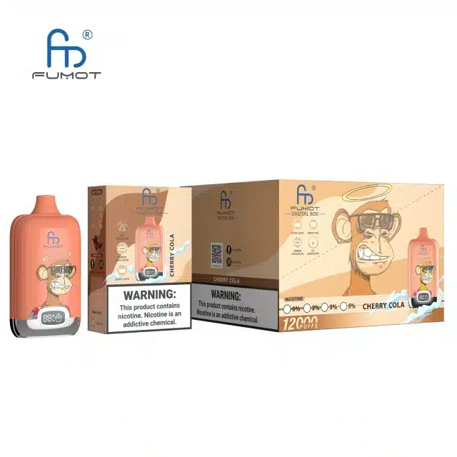 RANDM_DIGITAL_BOX_12000_puffs_21.webp Fumot Cherry Cola vape with warning label.