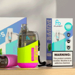 Colorful vaping device with nicotine warning label.