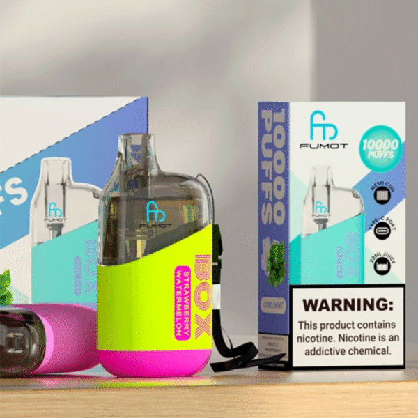 Colorful vaping device with nicotine warning label.