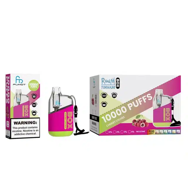 RANDM_TORNADO_BOX_10000_puffs_00004.webp Cherry lychee vape box with nicotine warning.