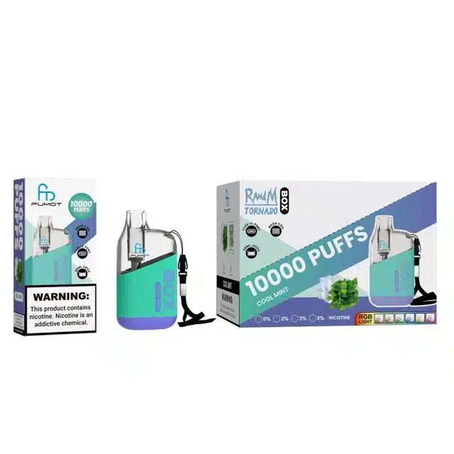 RANDM_TORNADO_BOX_10000_puffs_00005.webp Fumot vaporizer with 10000 puffs and mint flavor.