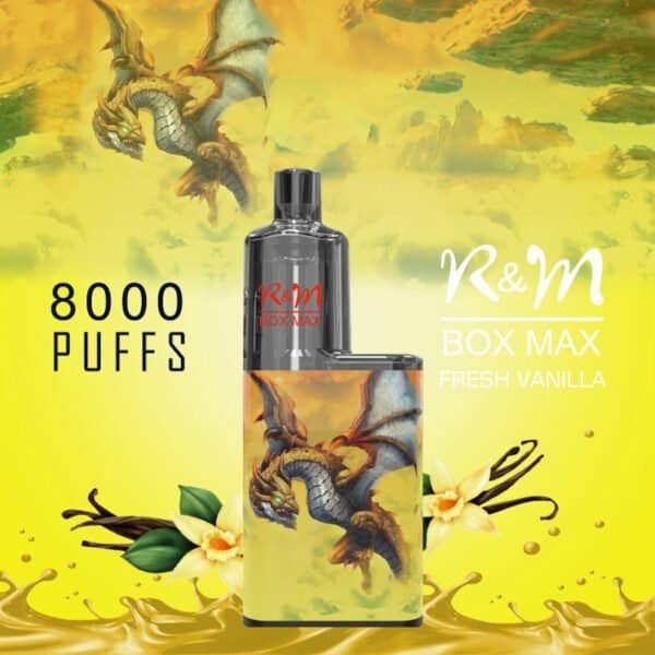RM-BOX-MAX-8000-Puffs-Disposable-Vape-Wholesale-Fresh-Vanilla-600x600-1.jpg R&M Box Max Fresh Vanilla vape, 8000 puffs, dragon design.