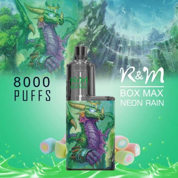 RM-BOX-MAX-8000-Puffs-Disposable-Vape-Wholesale-Neon-Rain-600x600-1.jpg R&M Box Max Neon Rain vape with dragon design