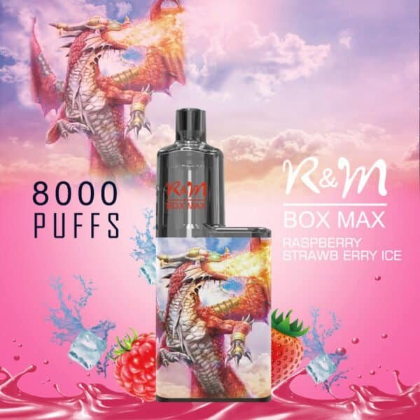 RM-BOX-MAX-8000-Puffs-Disposable-Vape-Wholesale-Raspberry-Strawberry-Ice-600x600-1.jpg R&M Box Max vape, raspberry strawberry ice flavor.
