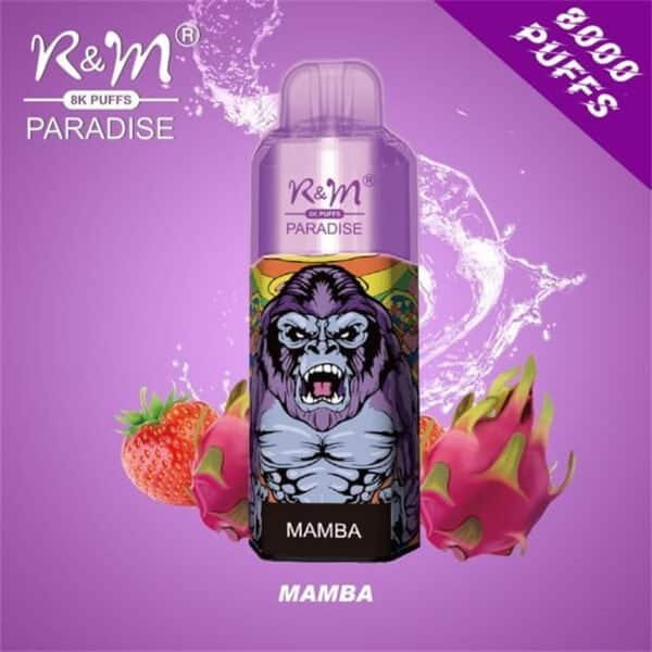RM-PARADISE-8000-Puffs-Disposable-Vape-Wholesale-Mamba-600x600-1.jpg R&M Paradise Mamba vape with strawberries, dragon fruit.