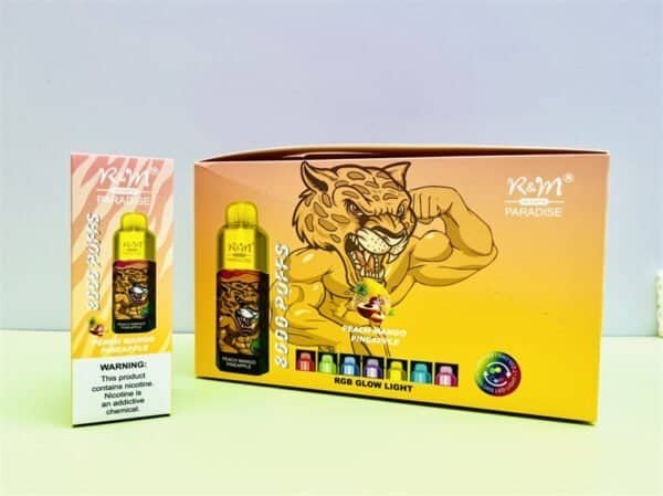 RM-PARADISE-8000-Puffs-Disposable-Vape-Wholesale-Peach-Mango-Pineapple-600x449-1.jpg Colorful vape packaging with cartoon tiger image