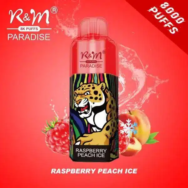 RM-PARADISE-8000-Puffs-Disposable-Vape-Wholesale-Raspberry-Peach-Ice-600x600-1.webp Raspberry Peach Ice vape with jaguar design, 8000 puffs.