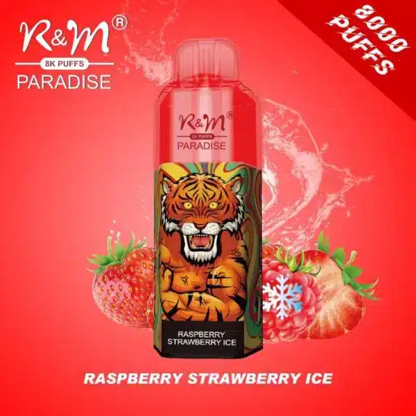 RM-PARADISE-8000-Puffs-Disposable-Vape-Wholesale-Raspberry-Strawberry-Ice-600x600-1.webp R&M raspberry strawberry ice vape, 8000 puffs displayed.