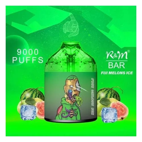 RM_BAR_9000_puffs_3.jpg Green vaping device with melons and ice cubes