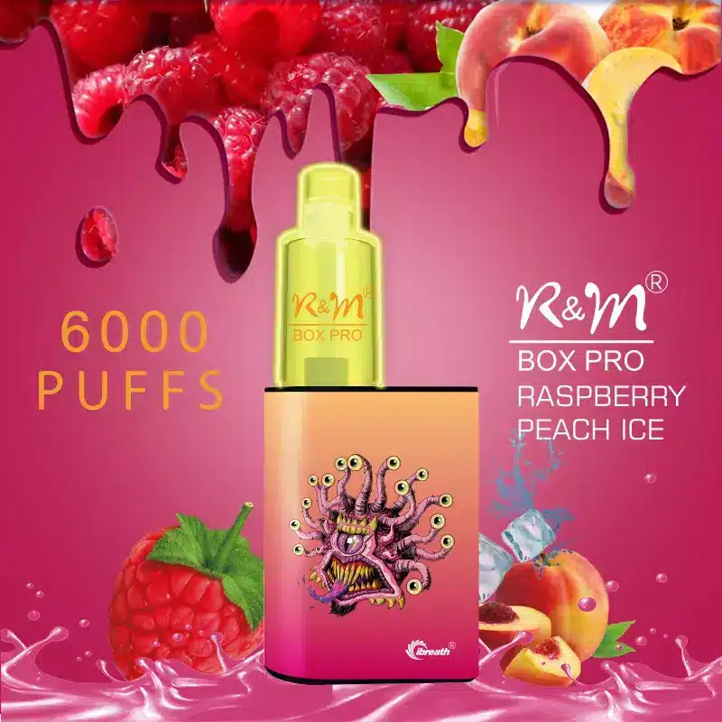 RM_BOX_PRO_6000puffs_13.webp Raspberry peach ice vape with 6000 puffs.