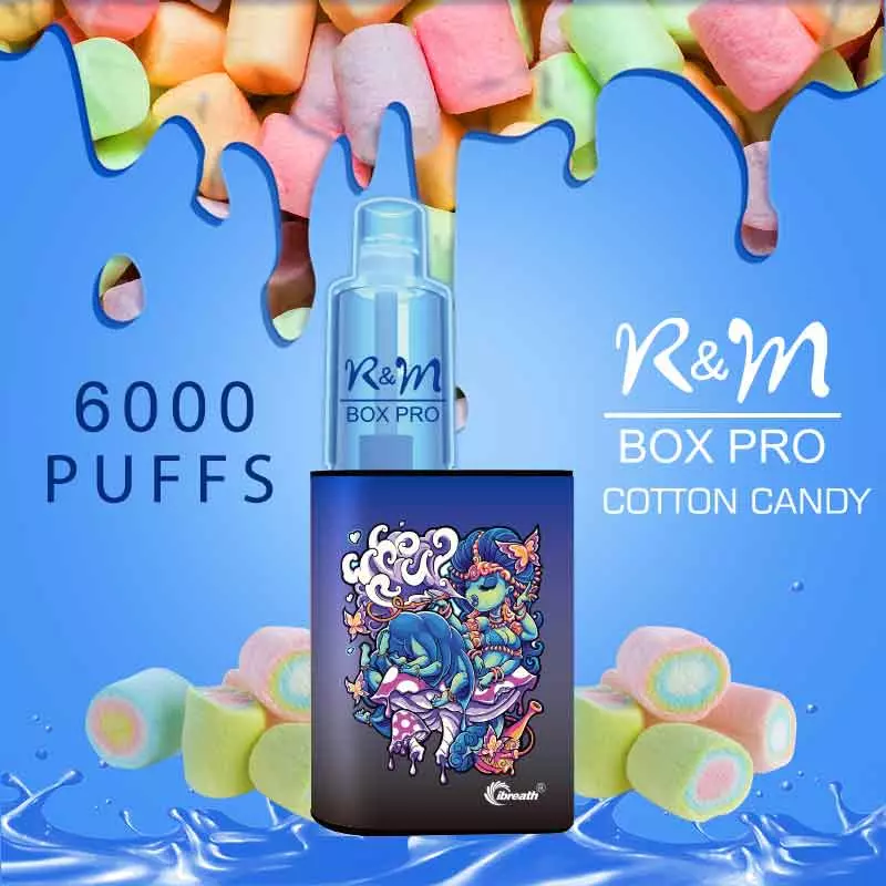 RM_BOX_PRO_6000puffs_8.webp Cotton candy vape device with colorful design and puffs.