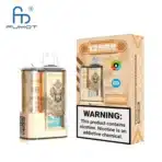 Vape device with warning label and packaging box.