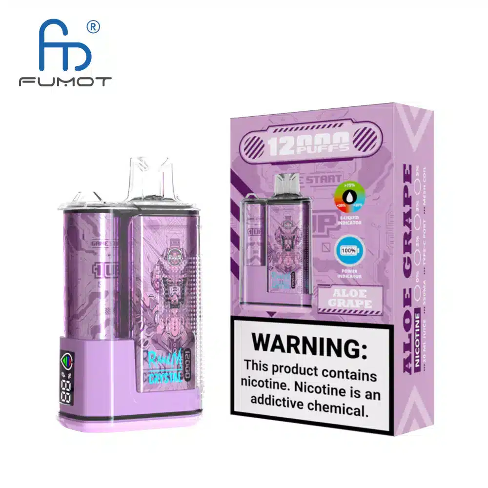 RandM_Crystal_12000_Puffs_00003.webp Purple aloe grape vape packaging with warning label.