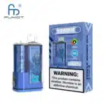 Blue vape device and package with nicotine warning.