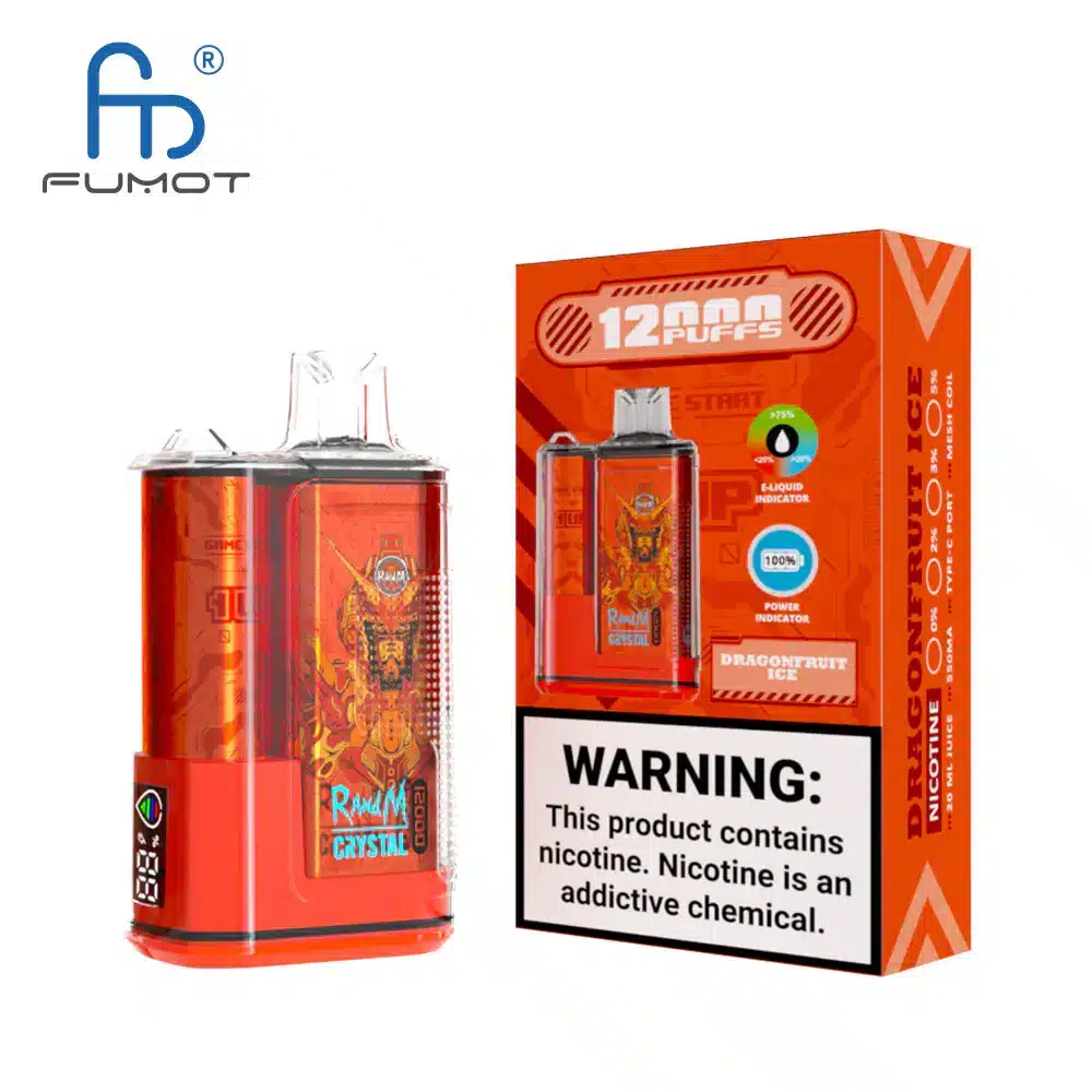 RandM_Crystal_12000_Puffs_00007.webp Red vape device with warning label on box.