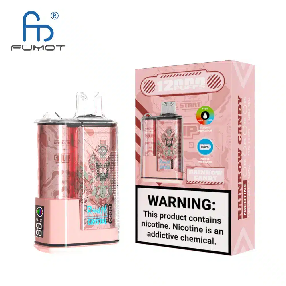 RandM_Crystal_12000_Puffs_00010.webp FUMOT vape device and box with nicotine warning.