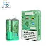 Green vape packaging with nicotine warning label.