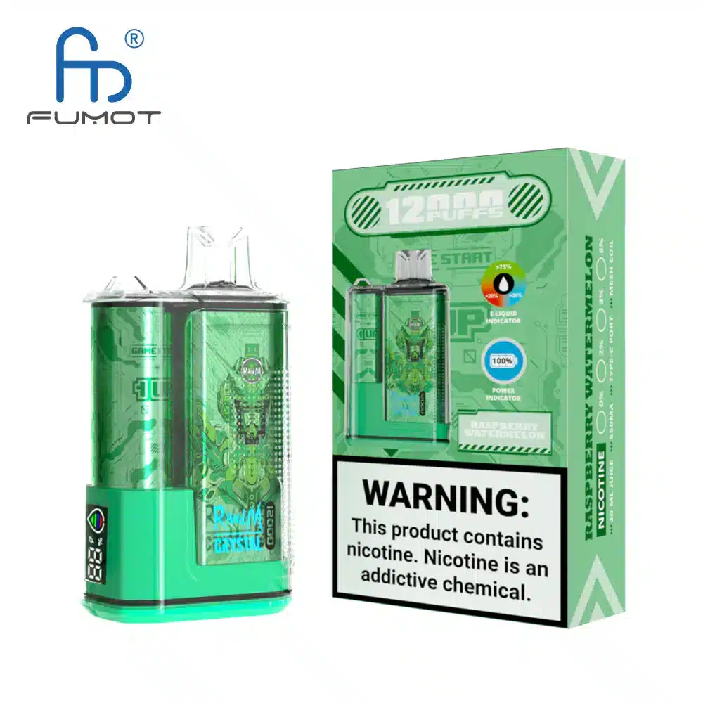 RandM_Crystal_12000_Puffs_00014.webp Green vape packaging with nicotine warning label.