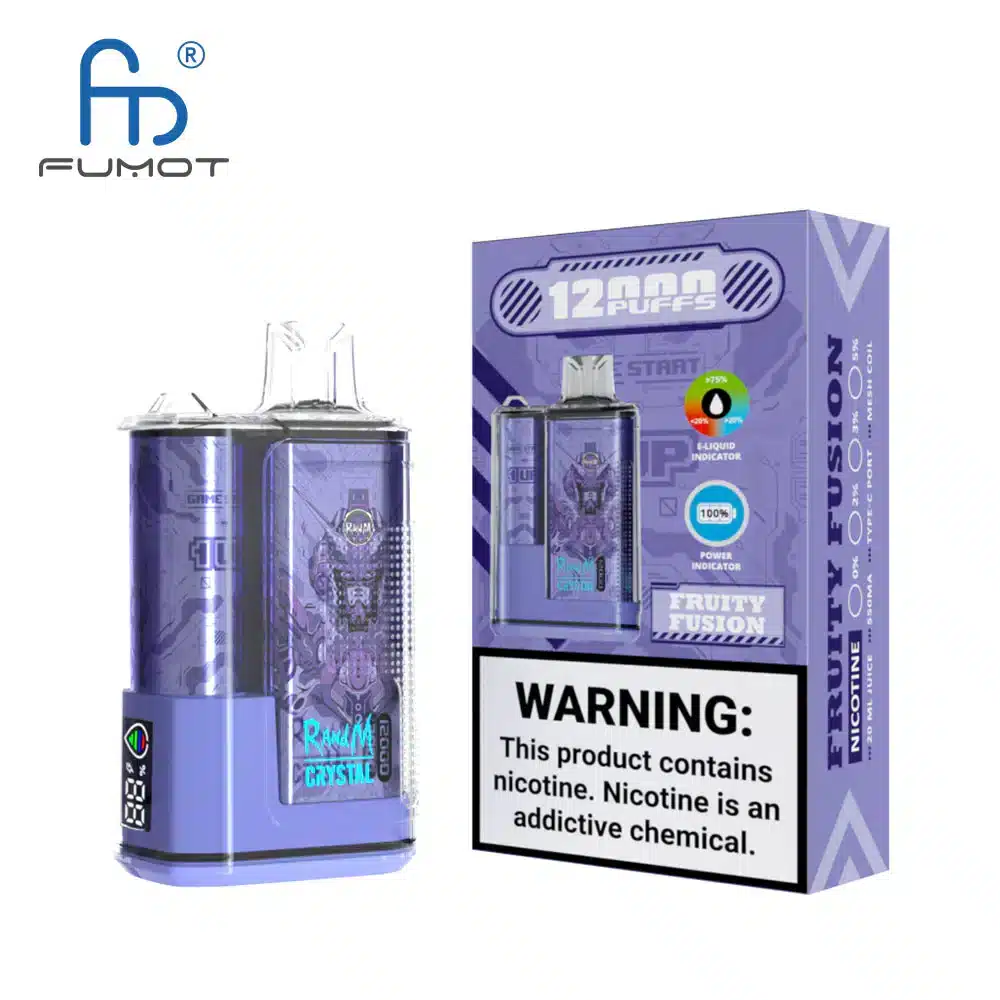 RandM_Crystal_12000_Puffs_00015.webp Fumot vape with fruity fusion flavor packaging.