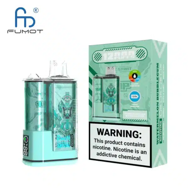 FUMOT vape with warning label, watermelon bubble gum flavor
