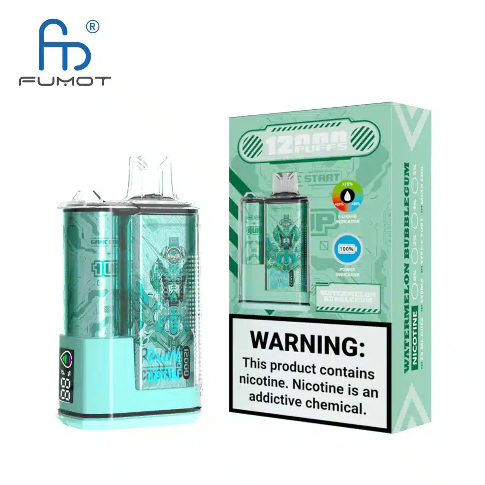 RandM_Crystal_12000_Puffs_00016.webp FUMOT vape with warning label, watermelon bubble gum flavor