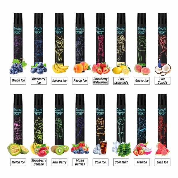 Colorful vape pens with various fruit flavors.