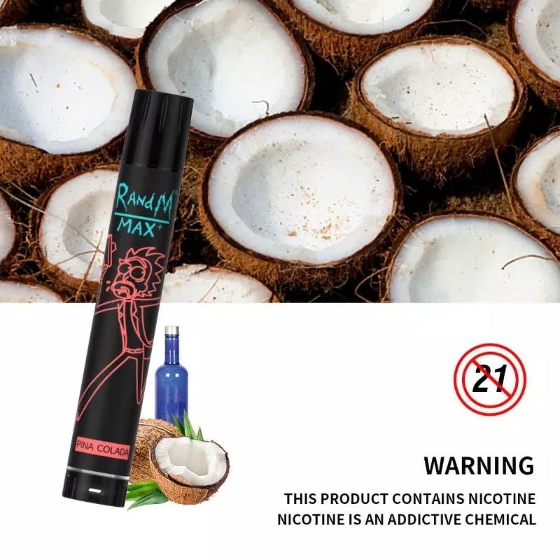 RandM_Max_1700_10.jpg Pina colada vape with coconuts and nicotine warning.