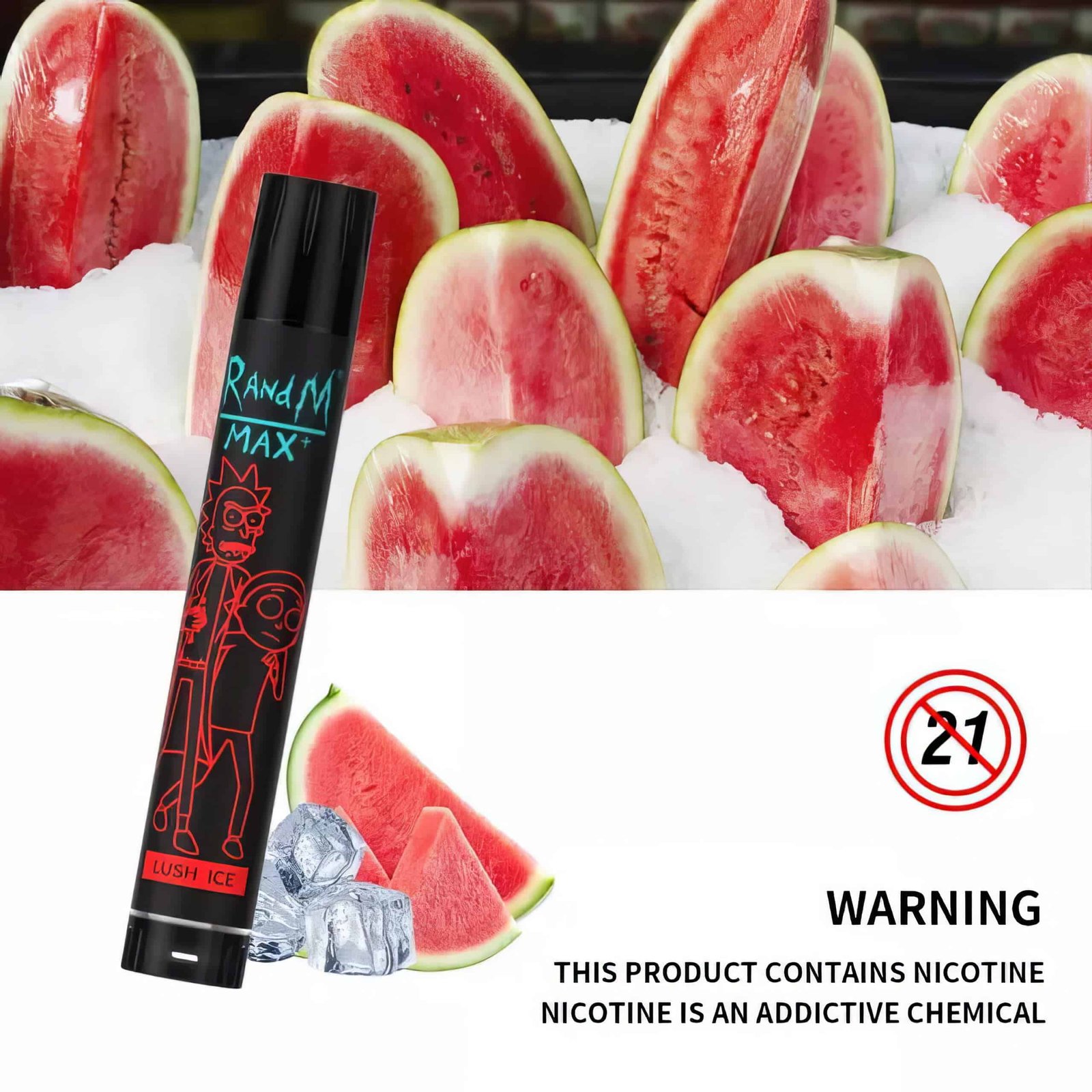 RandM_Max_1700_6-scaled-1.jpg Vape pen with watermelon and nicotine warning.