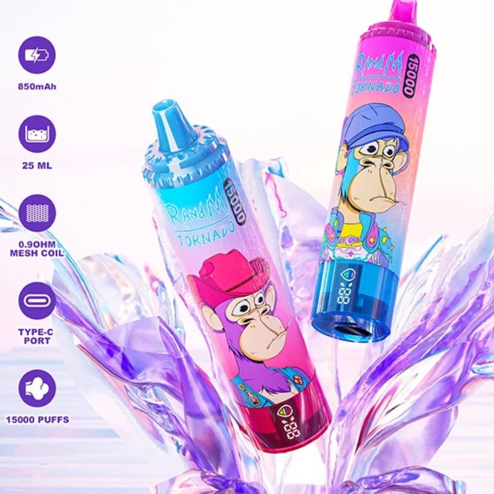 RandM_Tornado_15000_puffs_00001.jpeg Colorful vape pens with cartoon monkey design.