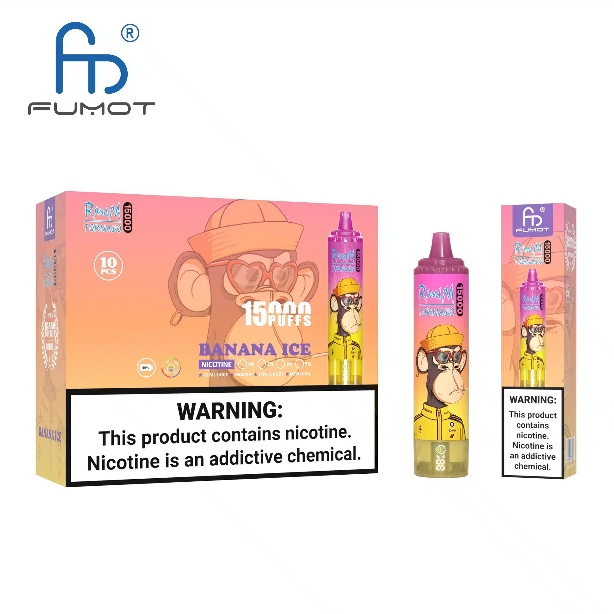 RandM_Tornado_15000_puffs_00002.webp Banana Ice vape packaging with nicotine warning label.