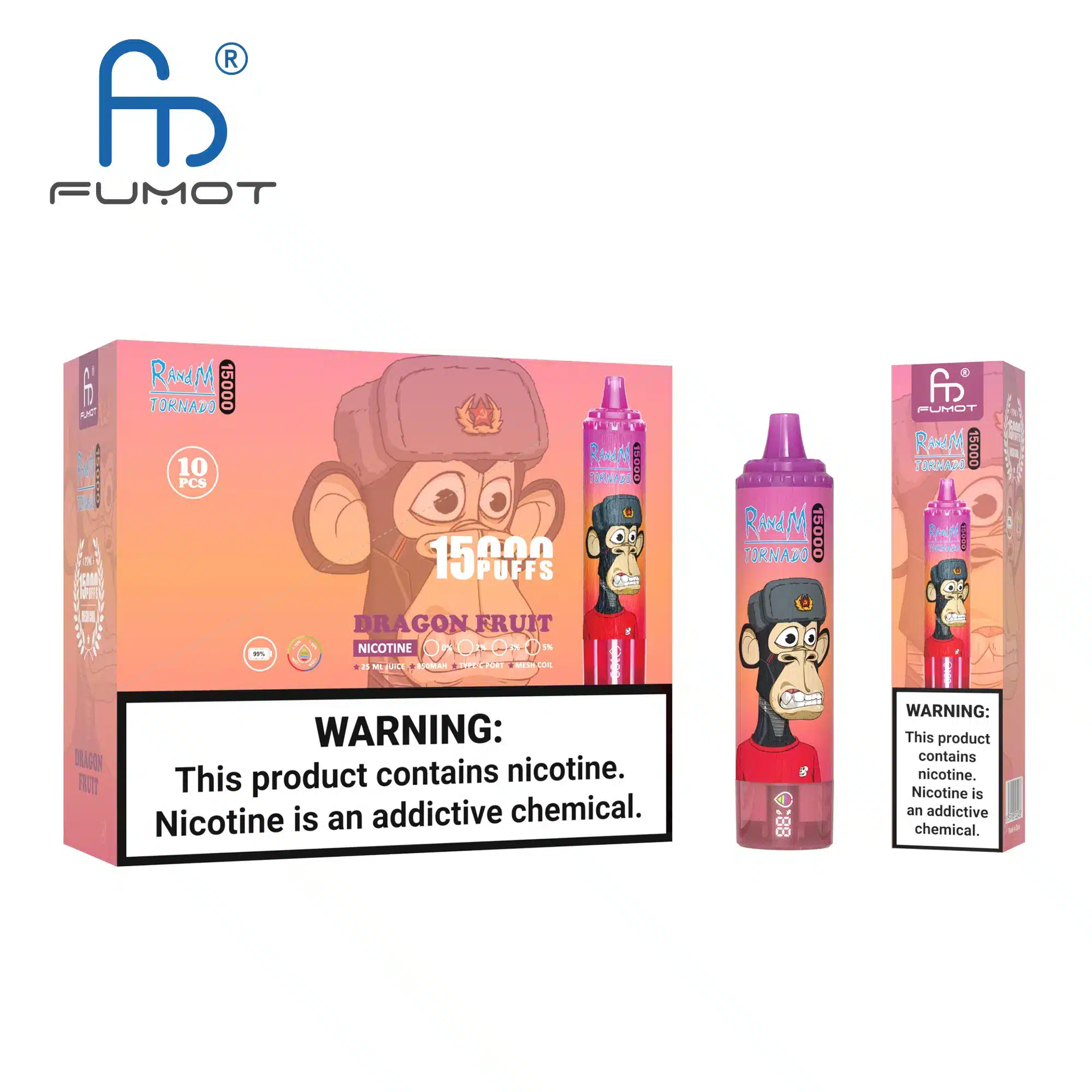 RandM_Tornado_15000_puffs_00005.webp Dragon fruit vape packaging with nicotine warning.