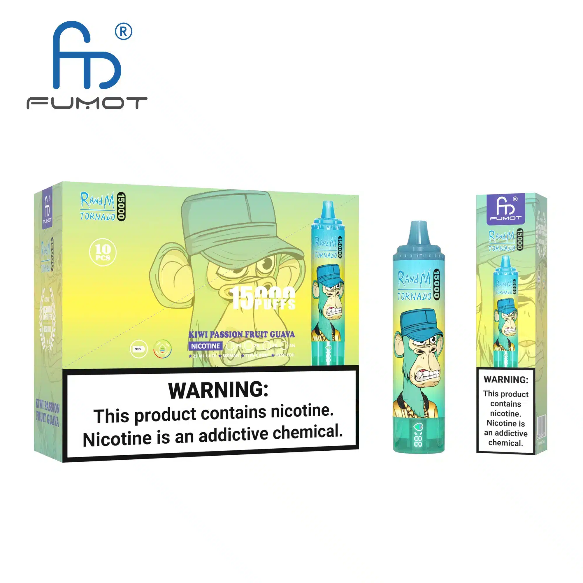 RandM_Tornado_15000_puffs_00011.webp FUMOT vape packaging with nicotine warning label.
