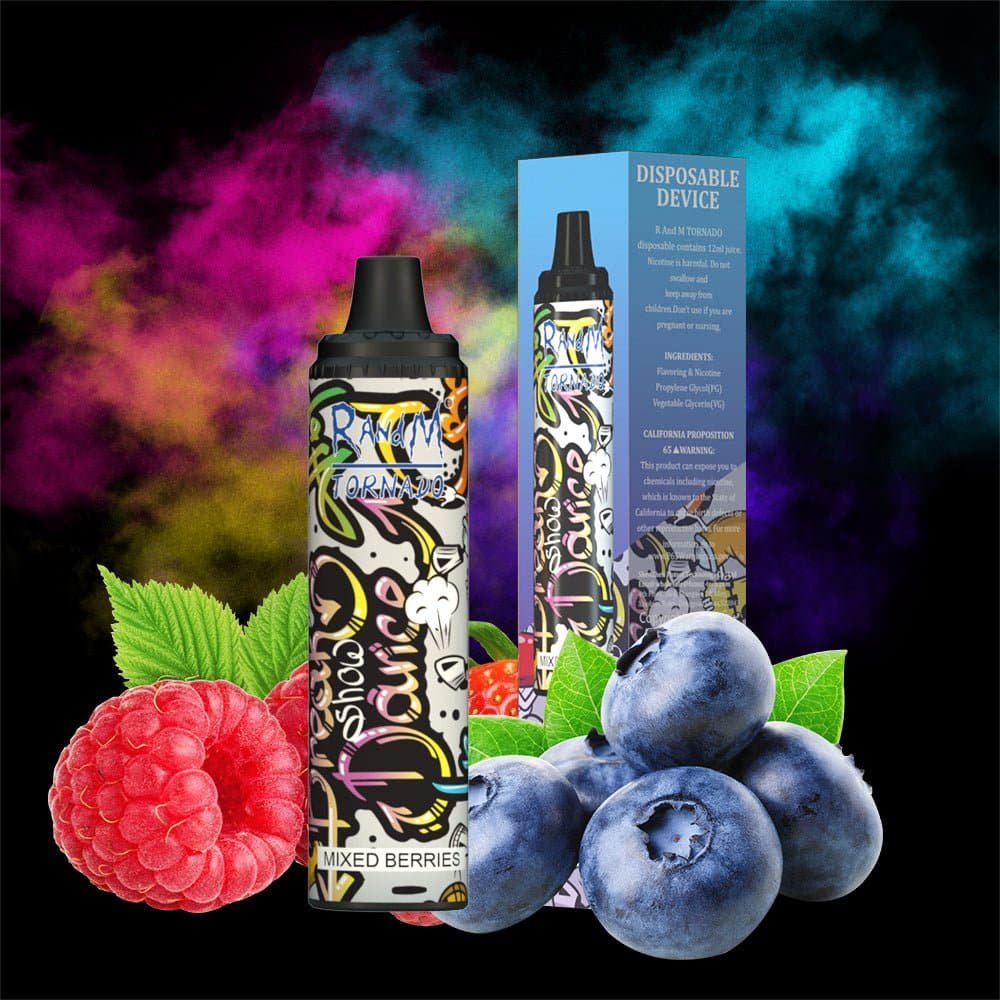 RandM_Tornado_6000_Puffs_12.jpg Colorful vape pen with berry flavors and design.