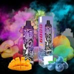 Vape device with fruit flavors background.