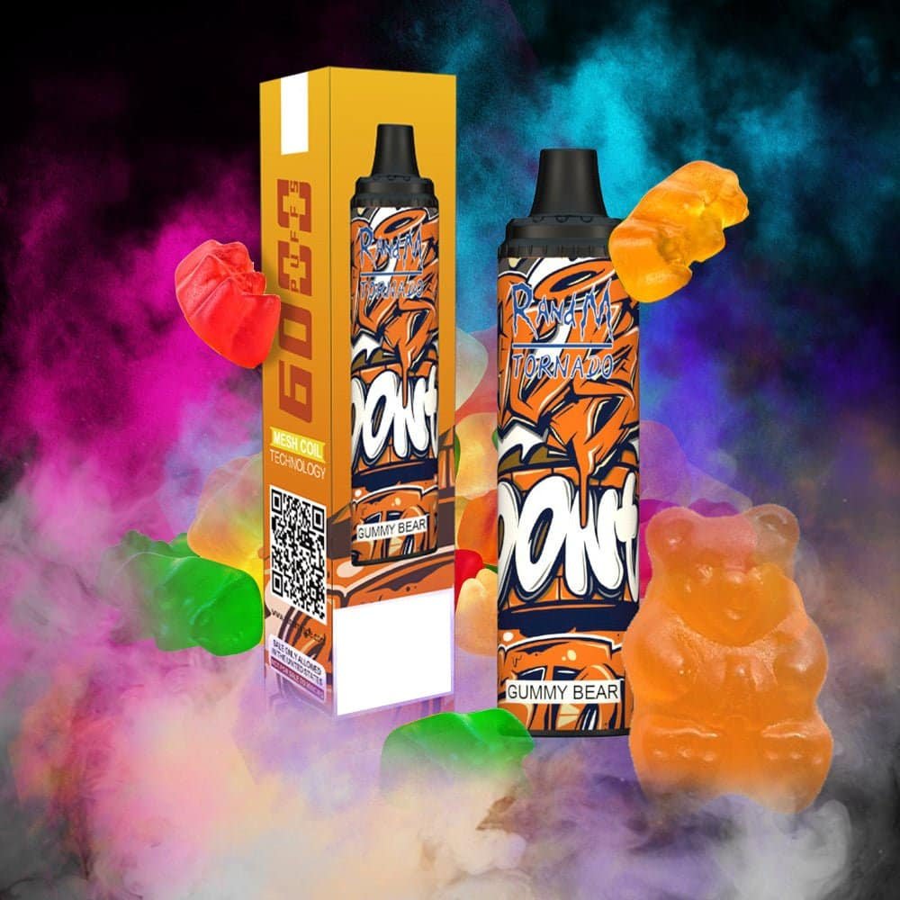 RandM_Tornado_6000_Puffs_17.jpg Gummy bear flavored vape pen with colorful vapor.