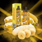 Banana flavored vape with milk dripping over bananas.
