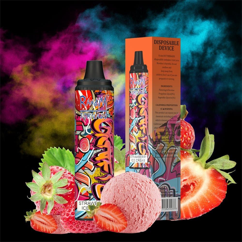 RandM_Tornado_6000_Puffs_2.jpg Strawberry ice vape with vibrant graffiti design.