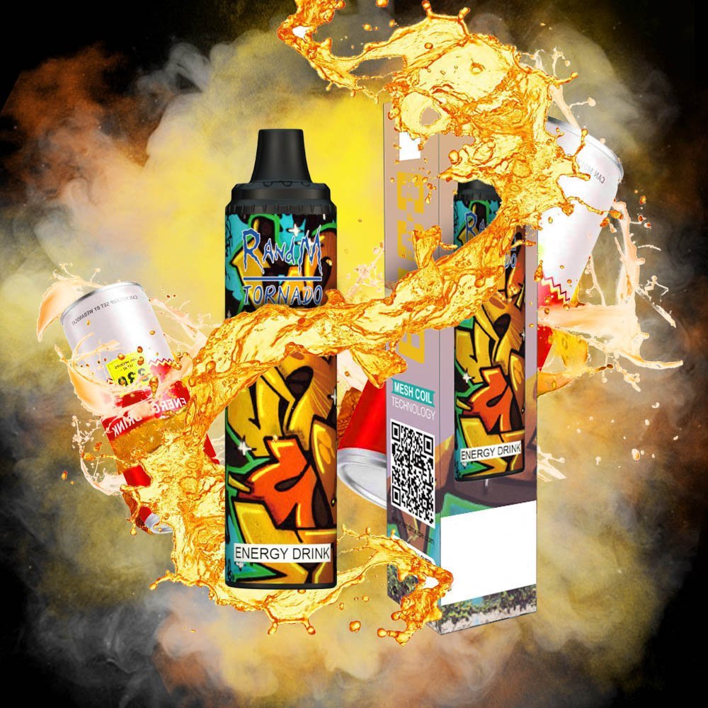 RandM_Tornado_6000_Puffs_20.jpg Energy drink with vibrant packaging and liquid splash