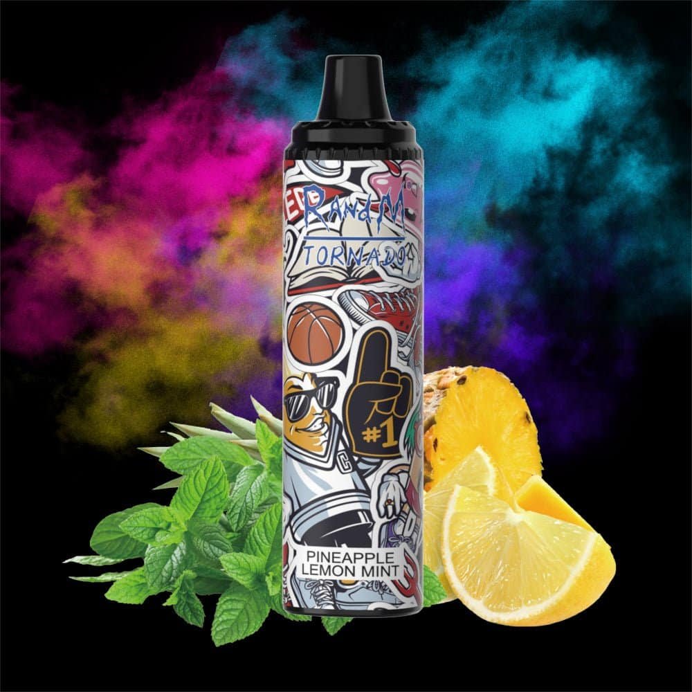 RandM_Tornado_6000_Puffs_3.jpg Pineapple lemon mint vape with colorful background.
