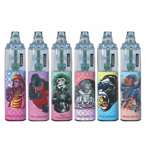 Colorful vape pens with monkey illustrations and flavors.